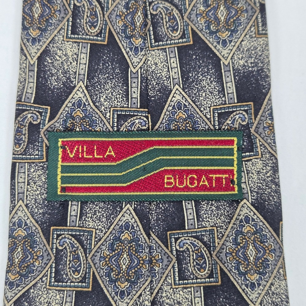 Vintage 90s Villa Bugatti Italian Silk Geometric Paisley Tie Navy Gold 3.75 x 58 - Picture 5 of 10